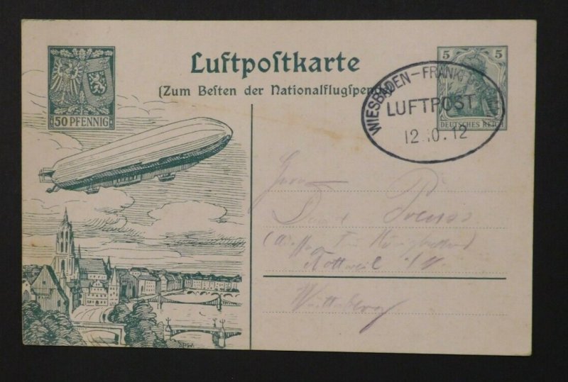 1912 Wiesbaden Germany Viktoria Louise Zeppelin Special Flight Postcard Cover