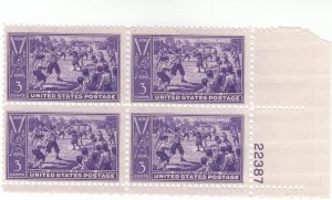 Scott # 855 - 3c Violet - Baseball Issue - Mint Hinged - plate block of 4