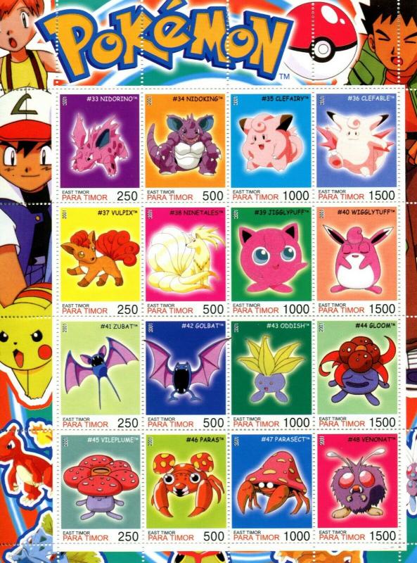 Complete 160 POKEMON Cinderella Stamps PARA TIMOR set of 10 Full Sheets 2001