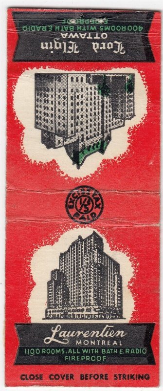 Canada Revenue 1/5¢ Excise Tax Matchbook LAURENTIAN HOTEL Montreal