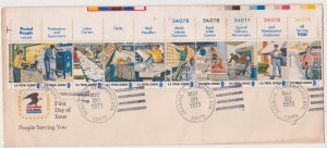 Scott # 1489-1498 Strip on Cov.used 1973 Postal Service Employees Issue Tribute