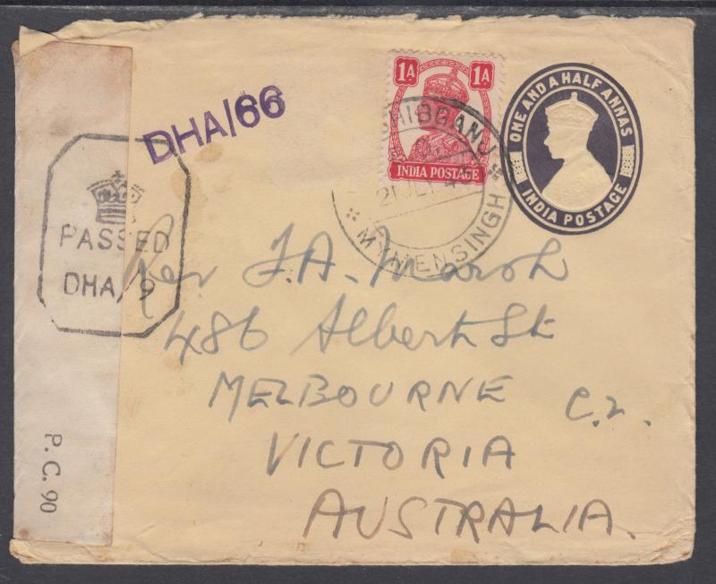 India H&G B18 used 1943 ½p Censored & Uprated Envelope to Australia