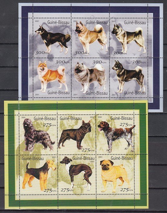 Guinea Bissau, 2001 issue. Various Dogs on 2 sheets of 6.