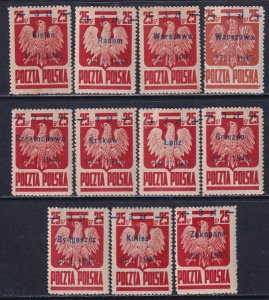 Poland 1945 Sc 347-56 Includes 349a Ovpt Liberation of City WW 2 Date Stamp MH