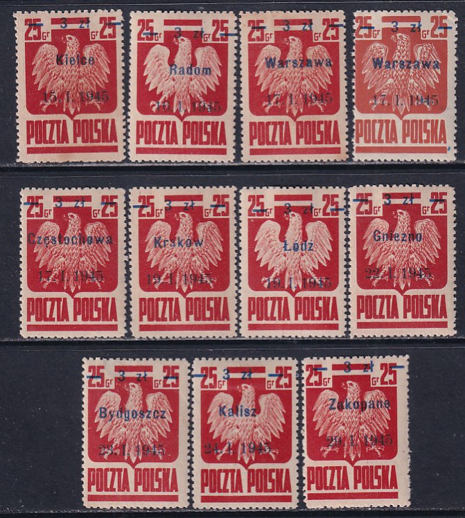 Poland 1945 Sc 347-56 Includes 349a Ovpt Liberation of City WW 2 Date Stamp MH