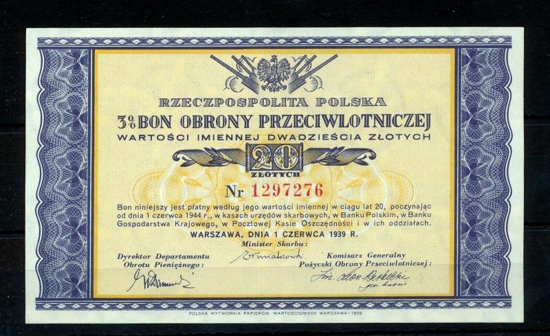 Poland 1939 Air Defence Receipt Warsaw War Coupon Obrony Polska 20ZL (KM802s