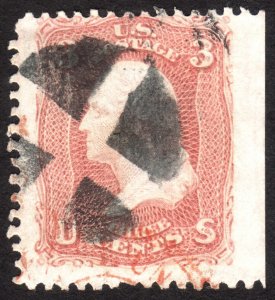 1861, US 3c, Jumbo + Red cancel bottom, Used, Sc 65