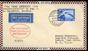 GERMANY  SCOTT #C38 2mk SOUTH AMERICA ZEPPELEIN FRANKED COVER TO NEWARK