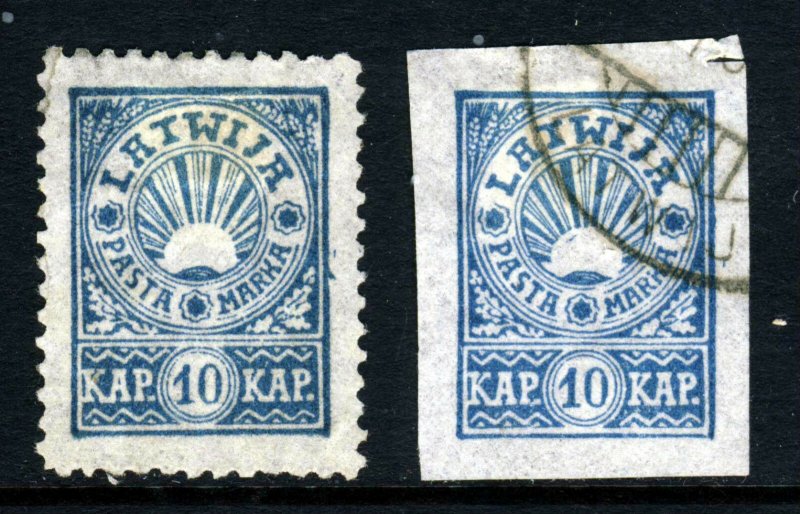 LATVIA 1919 10k. Pale Blue Imperf & Perf 11½ Thin Paper SG 27 & SG 28 MINT & VFU