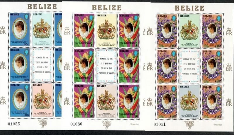 Belize 618-620 Mint NH MNH Full Sheets Diana's 21st Birthday!