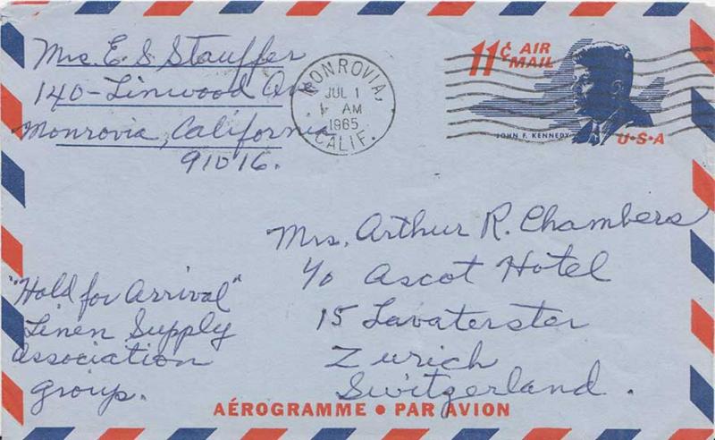 United States U.S. Postal Stationery 11c Kennedy Air Letter 1965 Monrovia, Ca...