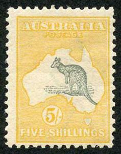 Australia SG13 5/- Grey and Yellow Roo wmk Wide Crown M/Mint (toned gum)