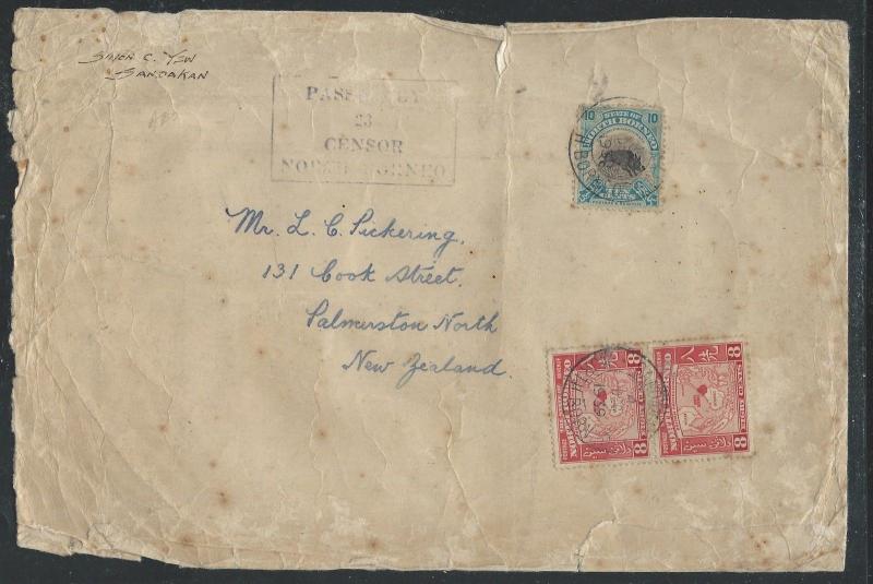 NORTH BORNEO (P0112B) 1939 10C BOAR+8C MAPX2 PASSED BY CENSOR 23 TO NEW ZEALAND