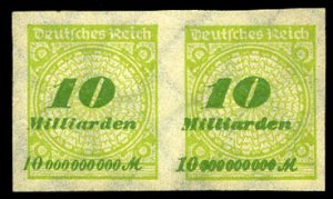 Germany #297a (Mi. 328APU) Cat€120, 1923 10mlrd m apple green and green, im...