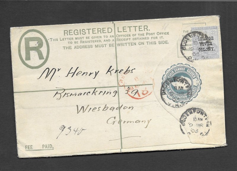 ORANGE RIVER COLONY 1903 UPRATED REGISTERED COVER