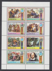 Liberia Sc 1060 MNH. 1987 Shakespeare sheet of 8, cplt set, VF.