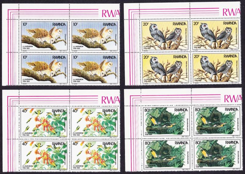 Rwanda Birds Owls Audubon 4v Top Left Corner Blocks of 4 SG#1237-1240