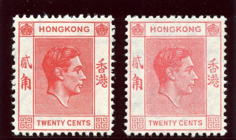 Hong Kong 1948 KGVI 20c in both listed shades superb MNH. SG 148, 148a.