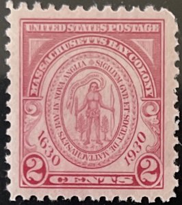 Scott #682 1930 2¢ Mass. Tercentenary unused lightly hinged VF centering