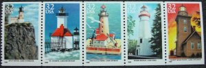 US #2969-2973 (2973a) MNH Bklet Pane of 5 Lighthouses SCV $4.50 L12