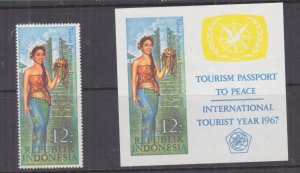 INDONESIA, 1967 International Tourist Year 12r. & Souvenir Sheet, mnh.