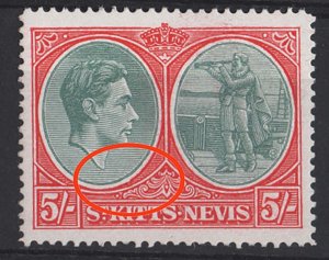 St Kitts Nevis 1938 5s perf 14 chalky with break in oval at foot variety sg77a