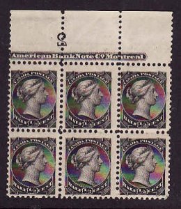 Canada-Sc# 34-unused og 1/2c black Small Queen inscription block of 6-five stamp