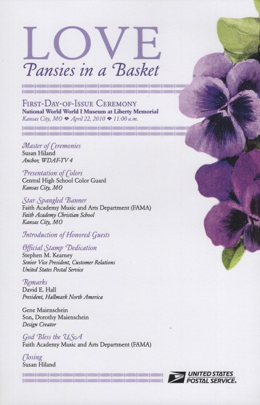 USPS FDoI Ceremony Program FDC for the 2010 Pansies in a Basket Love Stamp