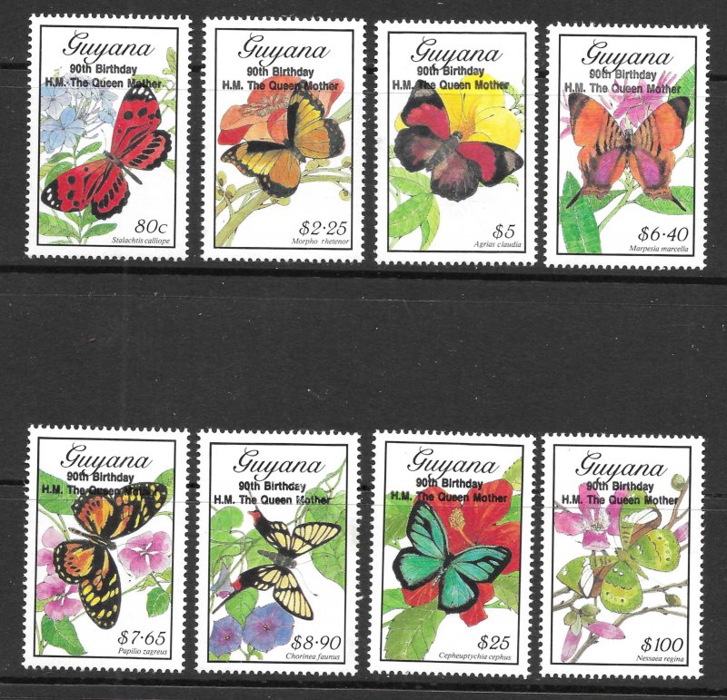 Guyana Butterflies Set of 1990, Scott 2283-2290 MNH, Queen Mother Birthday