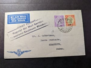 1934 British Nyasaland Airmail First Flight Cover FFC Limbe to Khartoum Sudan