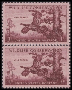 US 1077 Wildlife Conservation Wild Turkey 3c vert pair MNH 1956