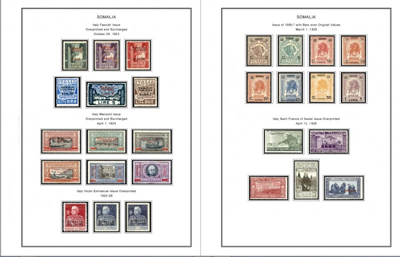 COLOR PRINTED ITALIAN SOMALIA 1903-1960 STAMP ALBUM PAGES (45 illustrated pages)