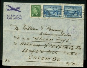 RARE 15 cent CEYLON postage due 1951 airmail PEACE issue cover Canada