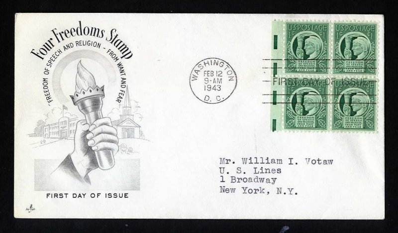 # 908 Block of 4 First Day Cover addressed with Artcraft cachet - 2-12-1943 - #1