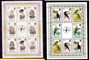 Belize-Sc#843-50- id9-two unused NH sheets-Fungi-Birds-Mushrooms-Toucans-1986-