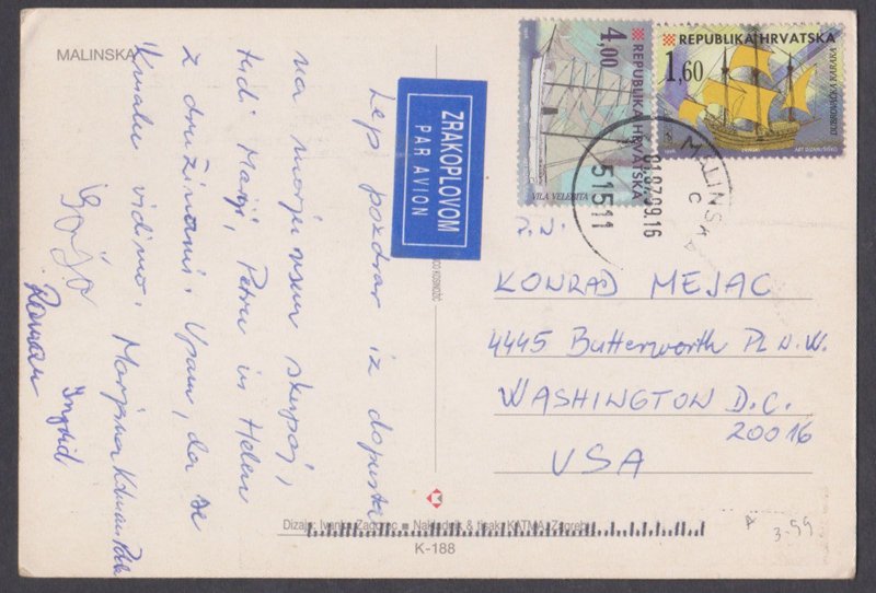 CROATIA - 1999 MALINSKA PICTURE POSTCARD TO USA WITH STAMPS - AIRMAIL