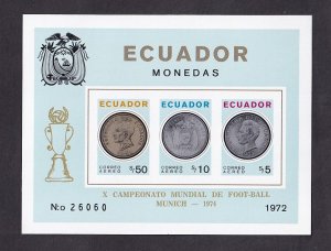 Ecuador   #C530-C532a  MNH 1973  coins sheet with gold marginal overprint imperf