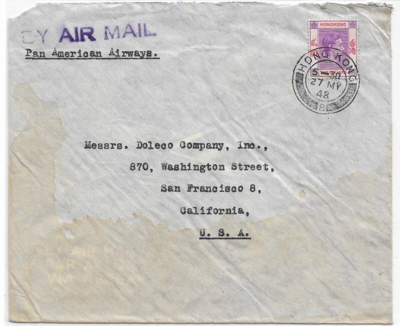 1948 Hong Kong to San Francisco, Ca Clipper Airmail solo $2.00 (56486)