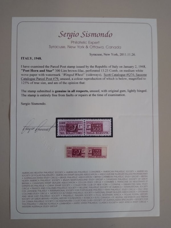 XL item Italy Q74 MNH with cert GP: CV $1000