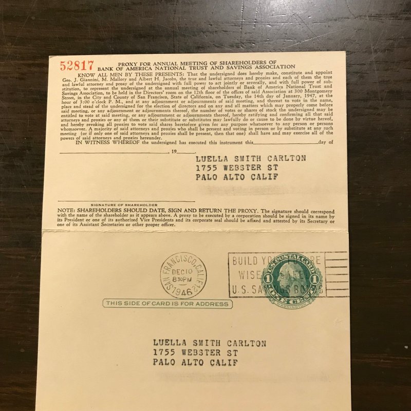 US SC UY7a Unsevered 1¢ Washington & !¢ Martha Wash, Paid Reply Card (1) Unused