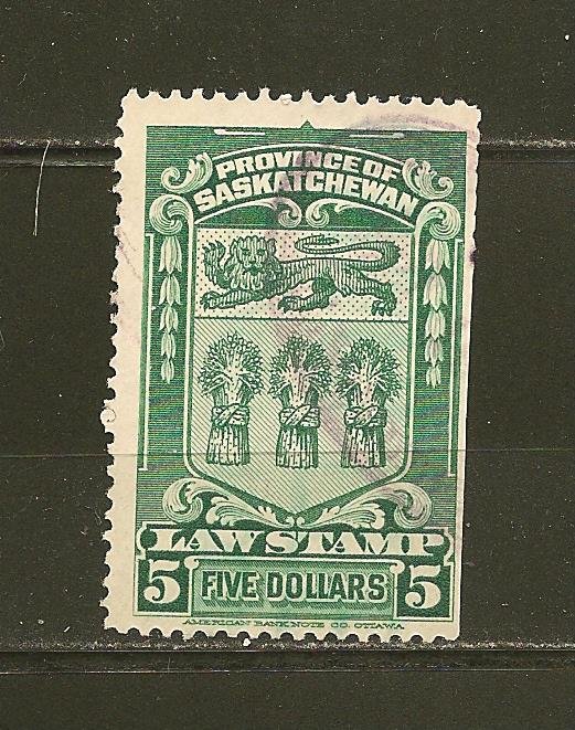 Canada Saskatchewan SL42 Green $5.00 Law Stamp Used