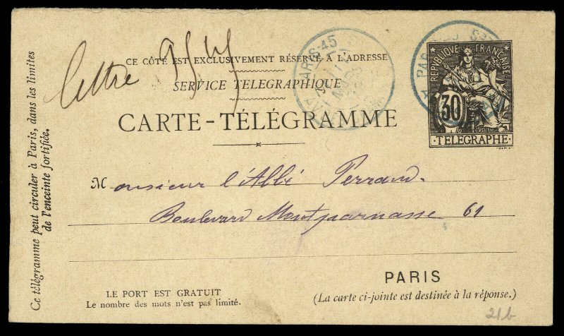 fr024 France Service Telegraphique Carte-Telegramme 40 centimes used