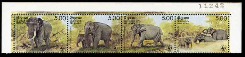 Sri Lanka #803 Cat$70, 1986 Elephants, se-tenant strip of four, never hinged