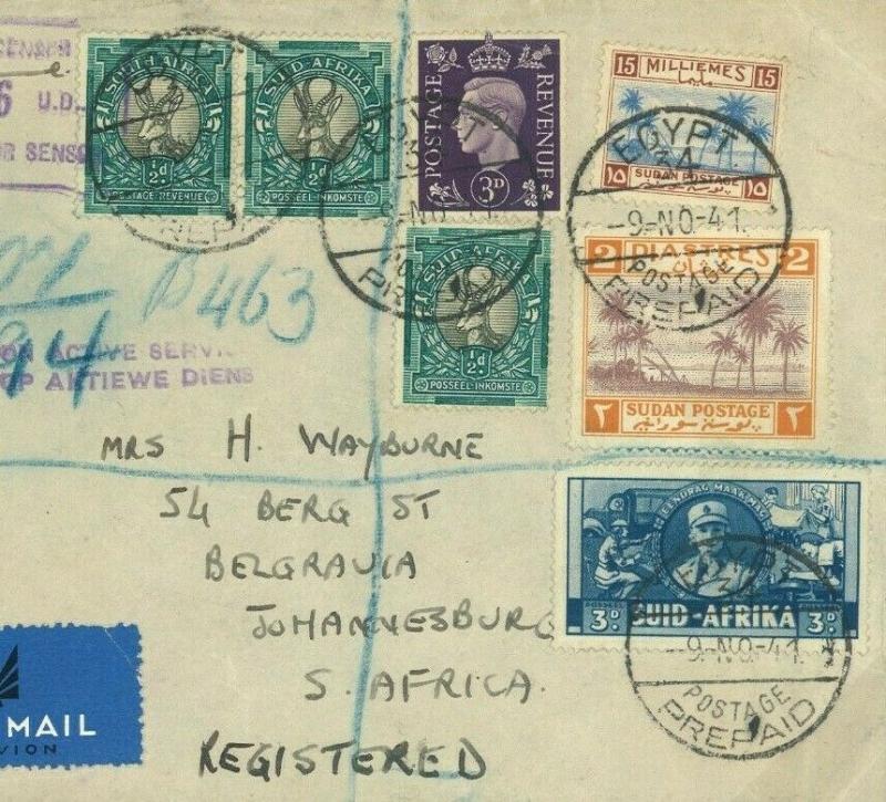 Egypt GB SUDAN S.AFRICA Cover TRIPLE MIXED WW2 FRANKING 1941 Allied Forces MC5