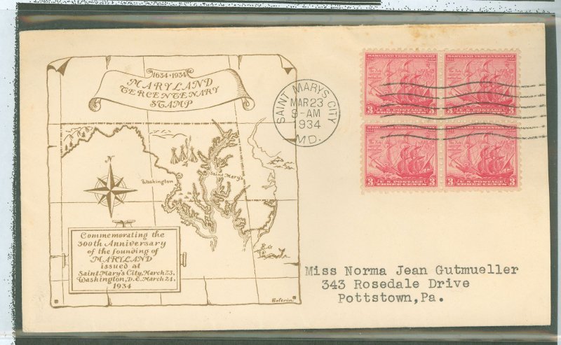 US 736 1934 3c Founding of Maryland/300th anniv bl of 4 on an addessed (typed) FDC with a Beverly Hills cachet