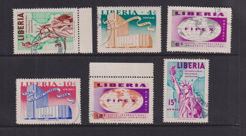 Liberia #355-357,C100-C102  used / cancelled  1956 stamp exhibition complete set