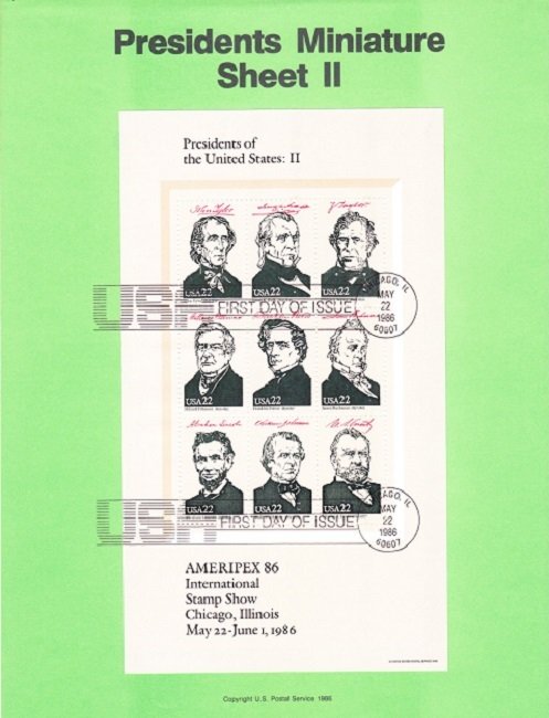 US SP748 - SP751 set of 4 AMERIPEX Presidents Souvenir Pages #2216 - 2219