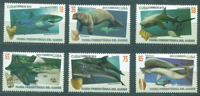 CUBA Sc#5671-5676 PREHISTORIC CARIB. FAUNA MARINE LIFE Cpl set of  6   2015 MNH