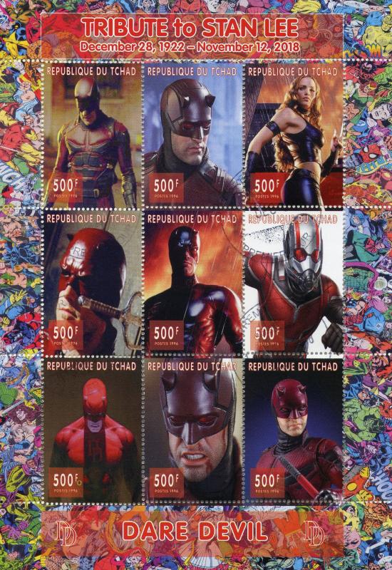 Chad 2018 CTO Daredevil Stan Lee Superheroes 9v M/S Comics Movies Stamps 