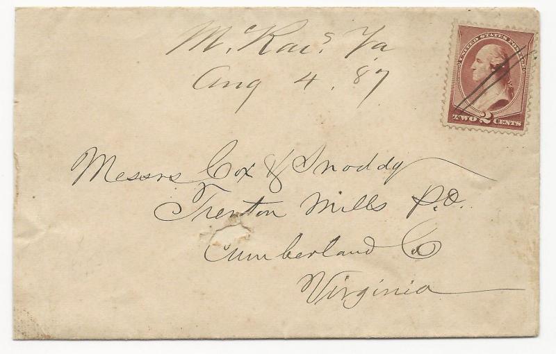 VA Cover US Scott #210 McRae's, VA DPO August 4, 1887 Manuscript